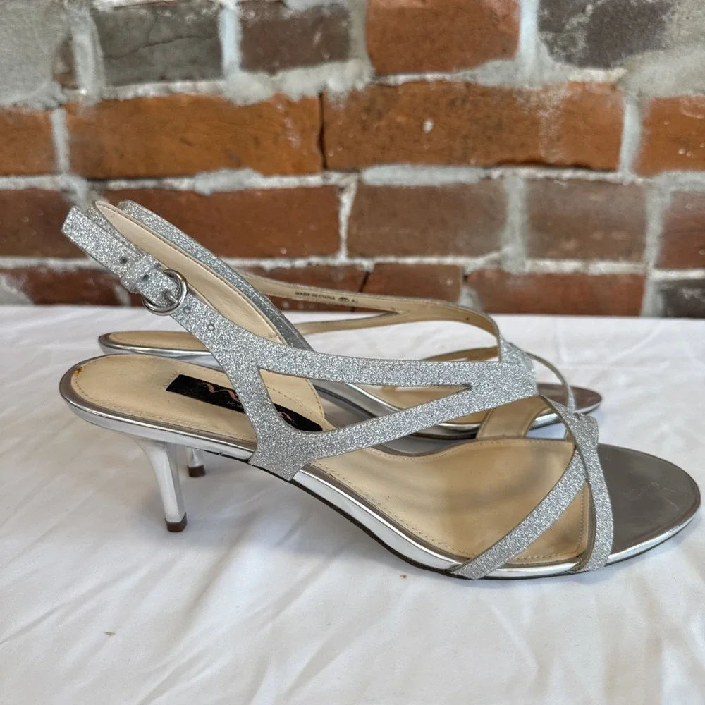 Y2K Silver Nina Heels Size 8.5 Glitter Slingback Sandals, Strappy Glam Look New